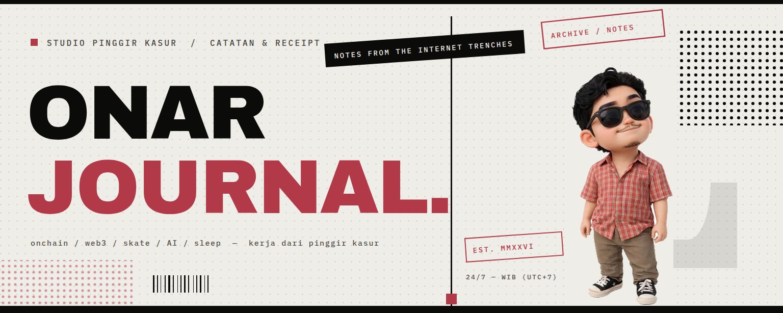 Onar Journal banner: ONAR JOURNAL typography, the mark, the studio character, and a paper collage